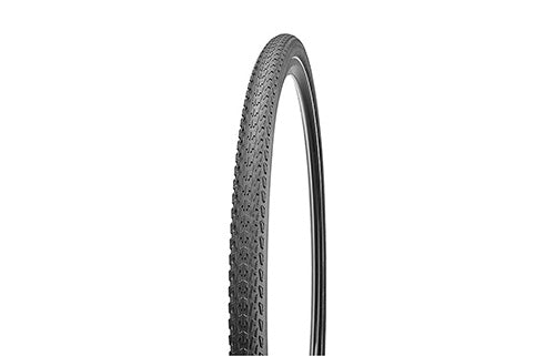Schwarzer Gravel-Reifen mit Profil für Offroad-Fahrräder. Ideal für Radfahrer auf wechselndem Untergrund.