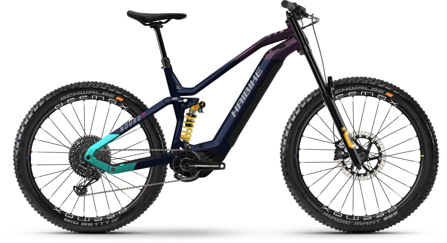 Haibike Nduro Mountainbike in Blau-Lila, robustes Design, ideal für Offroad und Mountainbiking, mit Schwalbe-Reifen.