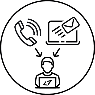 Symbole: Telefonhörer mit Schallwellen, Laptop mit E-Mail-Briefumschlag. Kommunikation und Kontaktaufnahme darstellen.