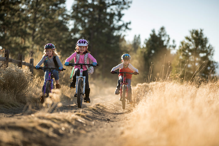Kinder auf Fahrrädern fahren einen Waldweg entlang, geeignet für Outdoor-Aktivitäten, Kollektion: collection.kids.