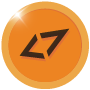 Orangefarbener, runder Anstecker mit schwarzem Logo mittig; reflektiert Licht, einfacher Stil.