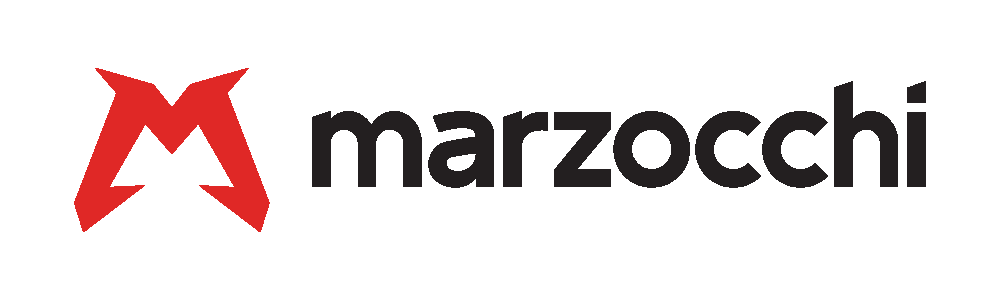 Rotes Marzocchi-Logo mit stilisiertem "M" und schwarzem Schriftzug auf weißem Hintergrund.