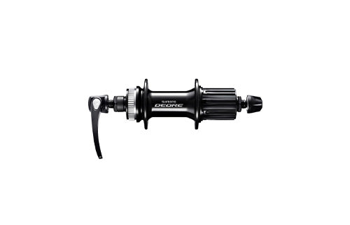 Schwarze Shimano Deore Fahrradnabe mit Schnellspanner, geeignet für Mountainbikes.
