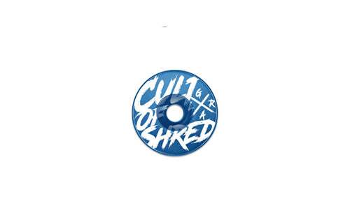 Blauer Steuersatz-Deckel mit "Cult of Shred" Text für Fahrradlenker, Einsatz für Bike-Enthusiasten.