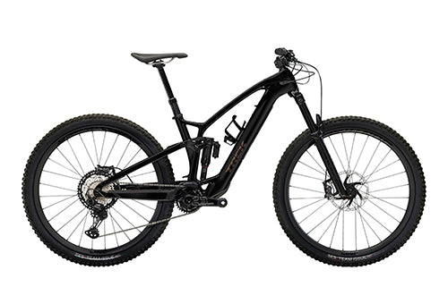 Schwarzes Mountainbike mit Vollfederung und Scheibenbremsen, geeignet für Geländefahrten.