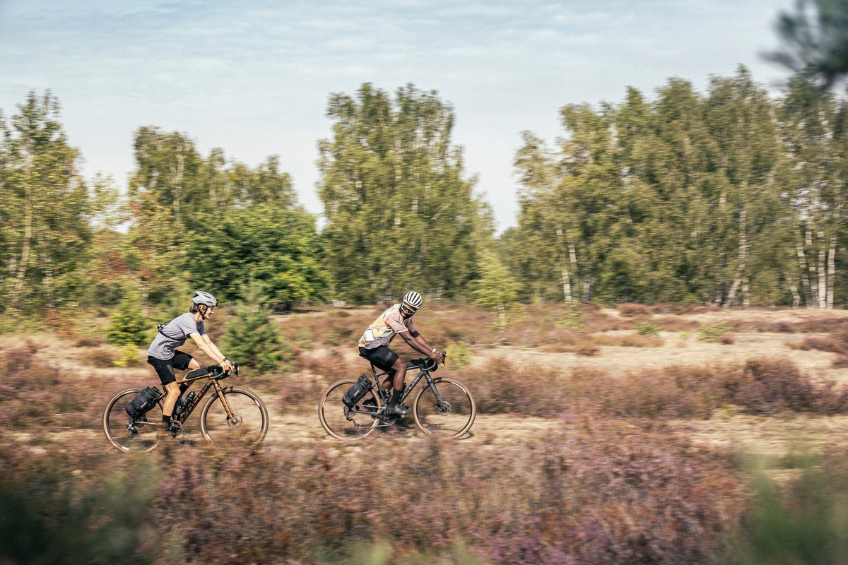 Zwei Radfahrer auf Cyclocross-Bikes fahren durch eine Heidelandschaft; Kollektion: Focus Gravel Cyclocross Atlas.
