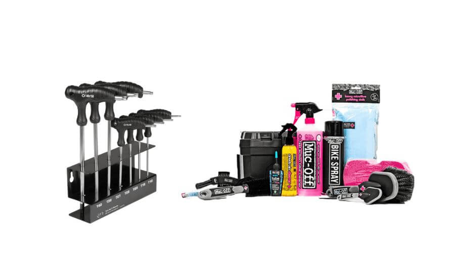 Torx Schraubendreher-Set mit Halterung und Muc-Off Fahrradpflegeprodukte, ideal für Wartung und Reinigung von Fahrrädern.