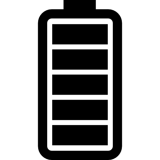Symbol einer vollständig geladenen Batterie, schwarz-weiß, auf weißem Hintergrund.