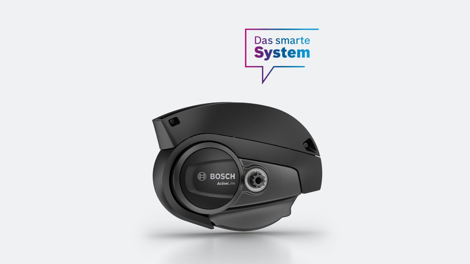 Bosch Active Line E-Bike Motor in Schwarz, geeignet für City- und Trekkingräder, mit Schriftzug "Das smarte System" darüber.