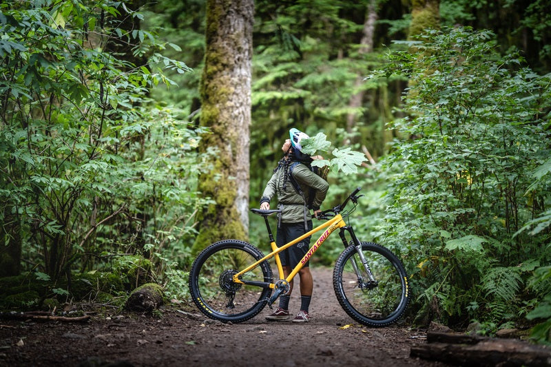 Person mit Santa Cruz Mountainbike im Wald, geeignet für Outdoor-Aktivitäten und Abenteuerlustige.