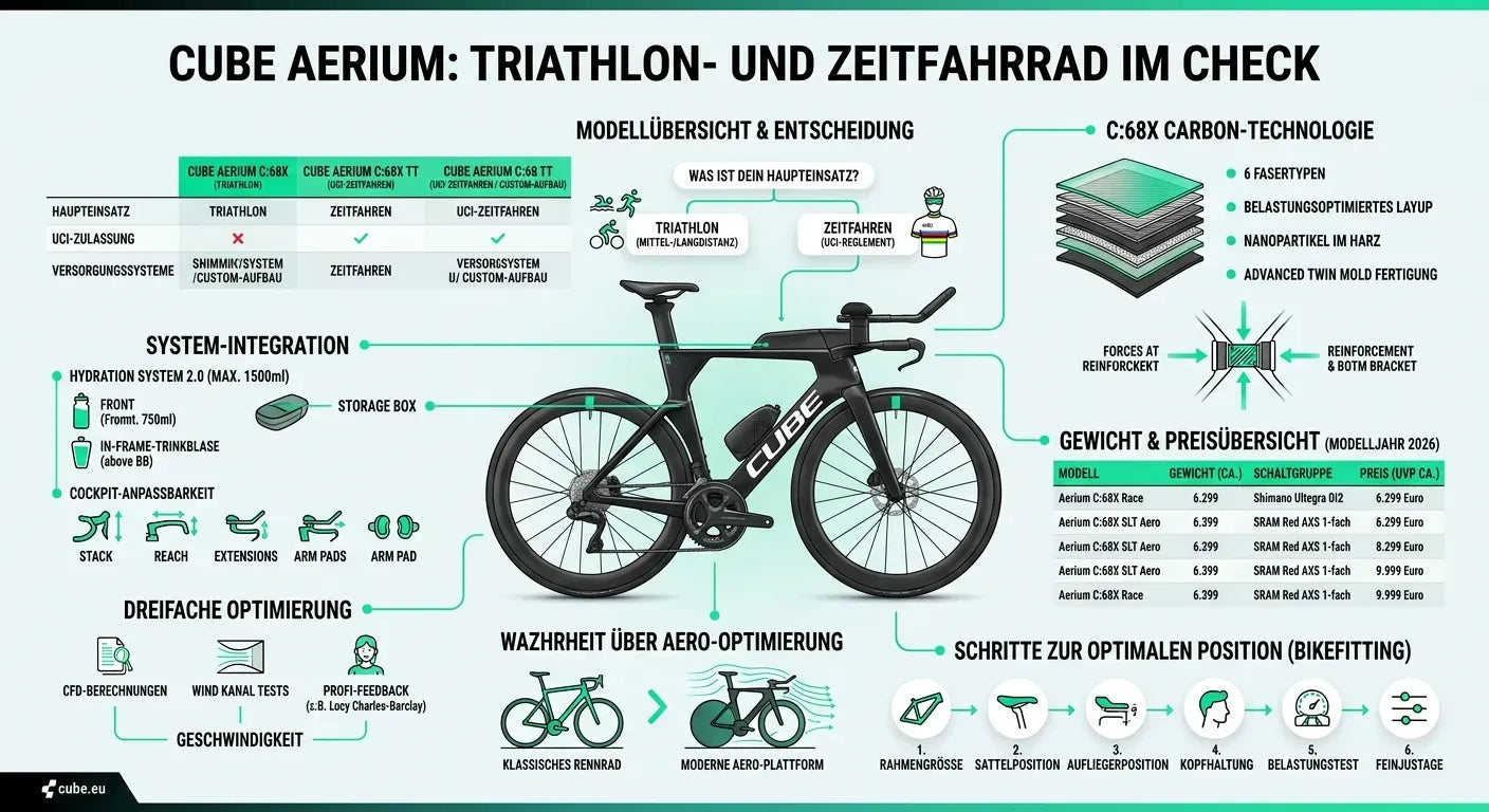 Infografik des Cube Aerium C:68X Triathlon- und Zeitfahrrads, Fokus auf Modellübersicht, Systemintegration und Aero-Optimierung.
