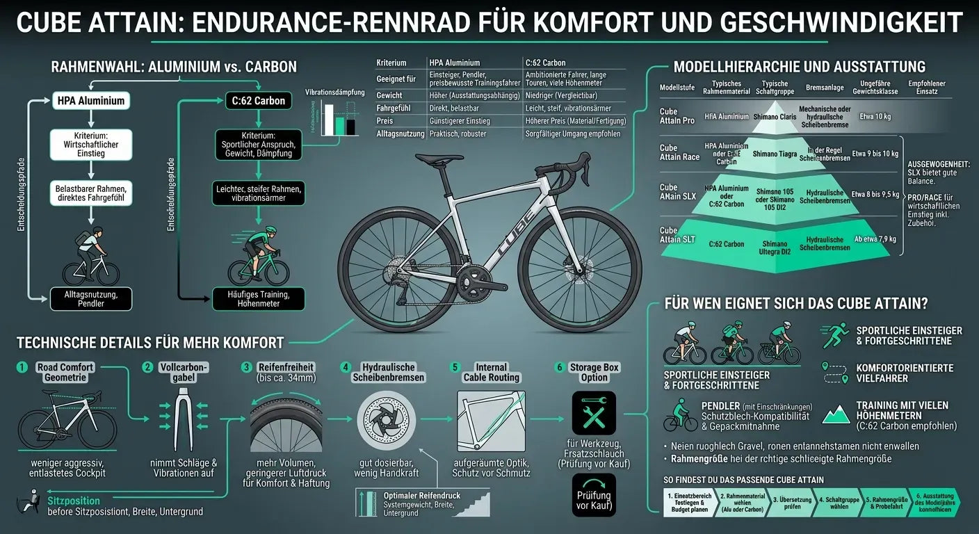 Cube Attain Rennrad Infografik; Vergleich Aluminium- und Carbonrahmen für Komfort, Geschwindigkeit und Einsatzbereiche.