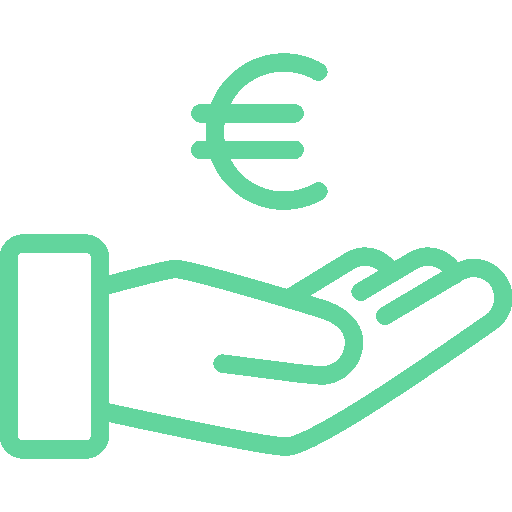 Ein grünes Symbol einer Hand mit darüber schwebendem Eurozeichen, symbolisiert Zahlung oder Finanzhilfe.