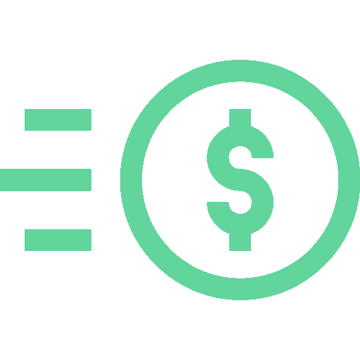 Icon einer grünen Münze mit Dollarzeichen und Pfeilen nach links, symbolisiert schnellen Geldtransfer oder Währungstransaktion.