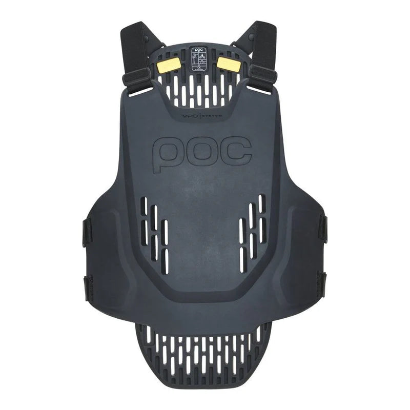 POC Protektorweste, schwarz, mit Belüftungsschlitzen und verstellbaren Trägern, für Radsport und Outdoor-Aktivitäten.