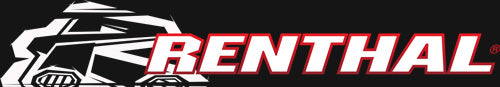 Renthal-Logo mit stilisierter Motorradsilhouette auf schwarzem Hintergrund.