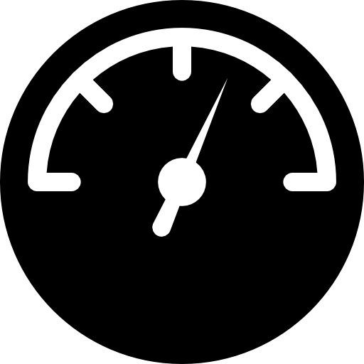 Ein schwarzes Tachometer-Icon auf weißem Hintergrund zeigt Geschwindigkeitsanzeige mit Zeiger in Mittelstellung.
